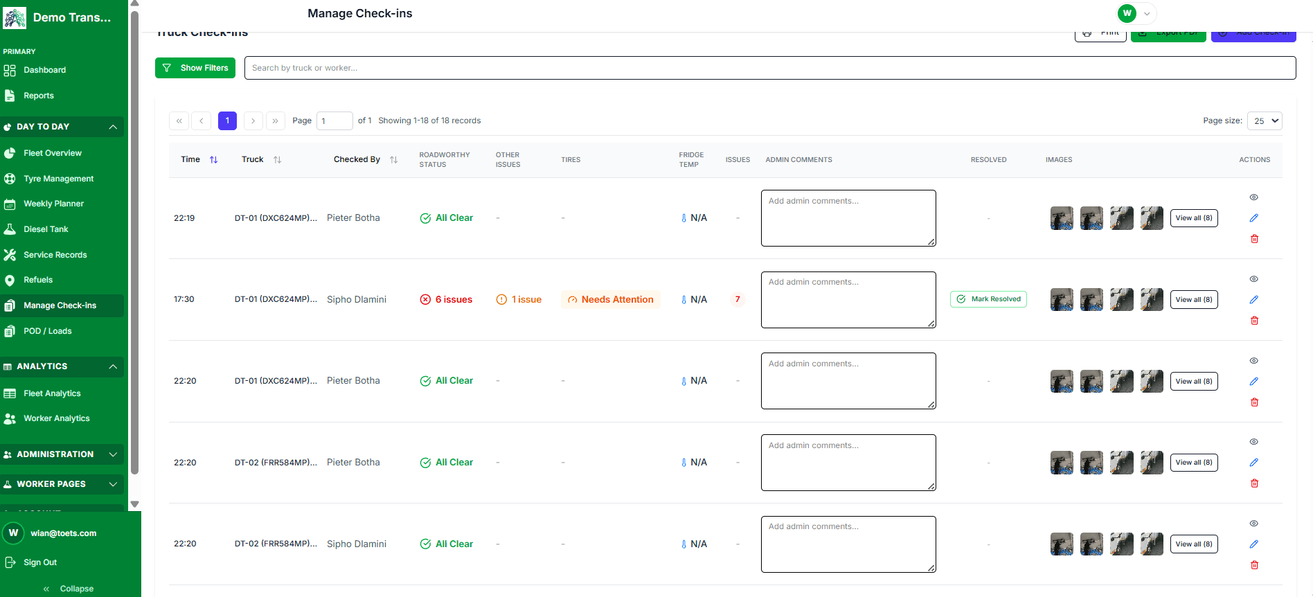 Manage Check-ins screen with driver inspection records, photo thumbnails, and resolution actions