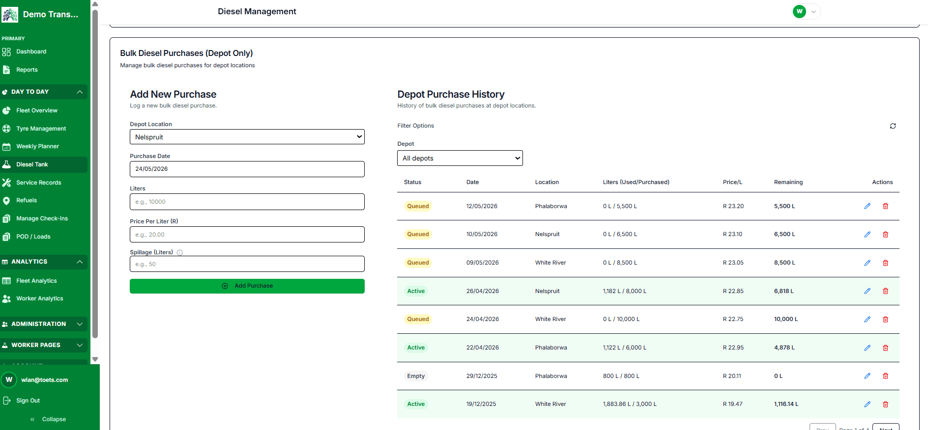 Diesel Management screen with bulk purchase form and depot purchase history
