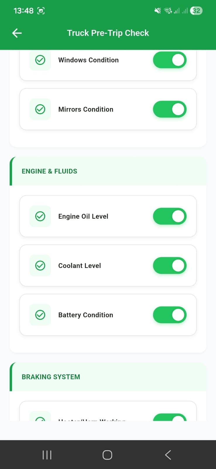 Adaptix mobile app pre-trip inspection screen — example of mobile app development for South African logistics operators