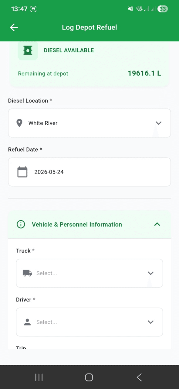 Adaptix Log Depot Refuel mobile screen — South African mobile app development for logistics operations