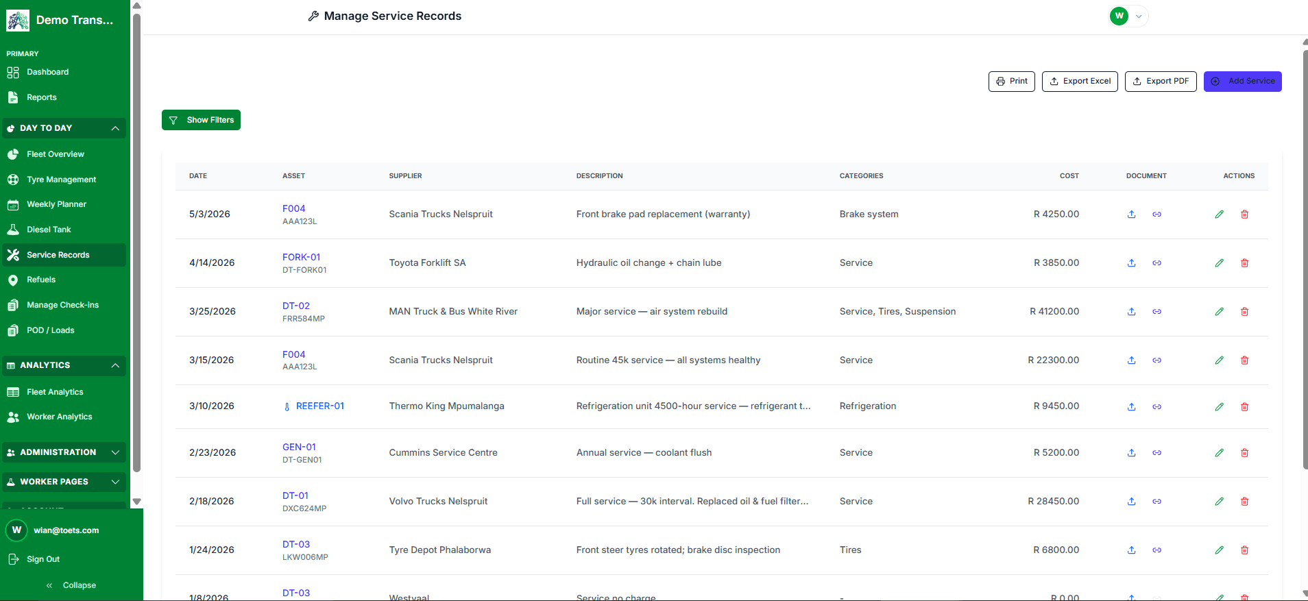 Manage Service Records table with date, asset, supplier, description, and cost per service