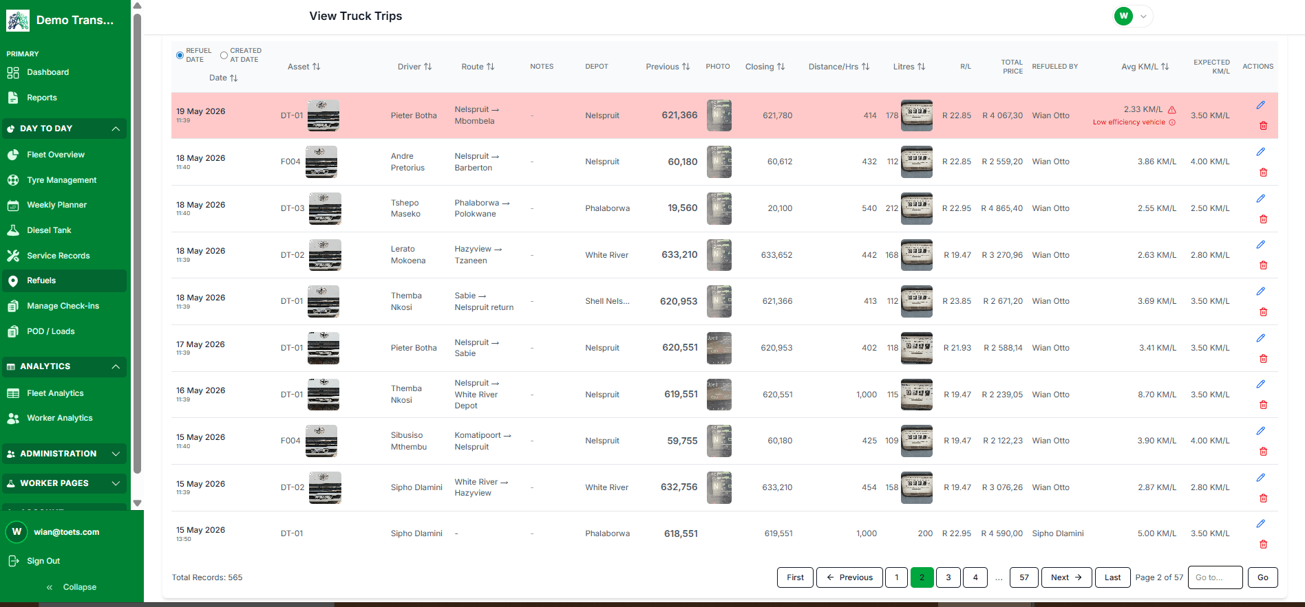 View Truck Trips screen with route-level fuel and cost data per trip