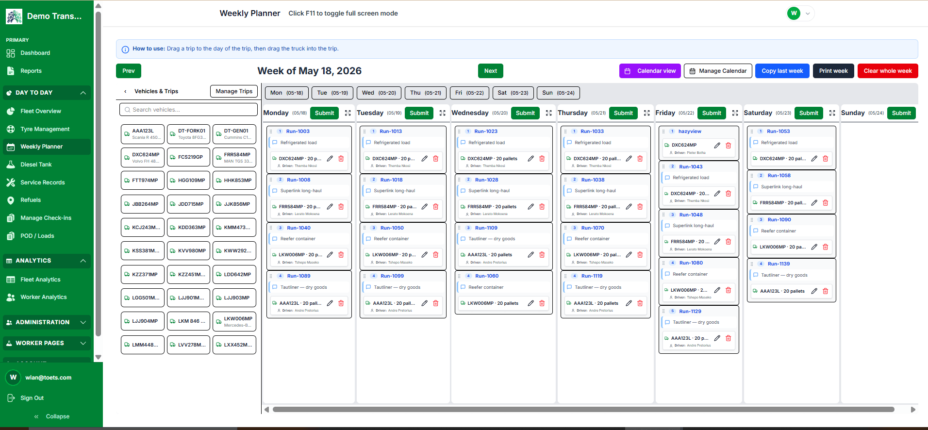 Weekly Planner view showing vehicle and driver assignments by day of the week