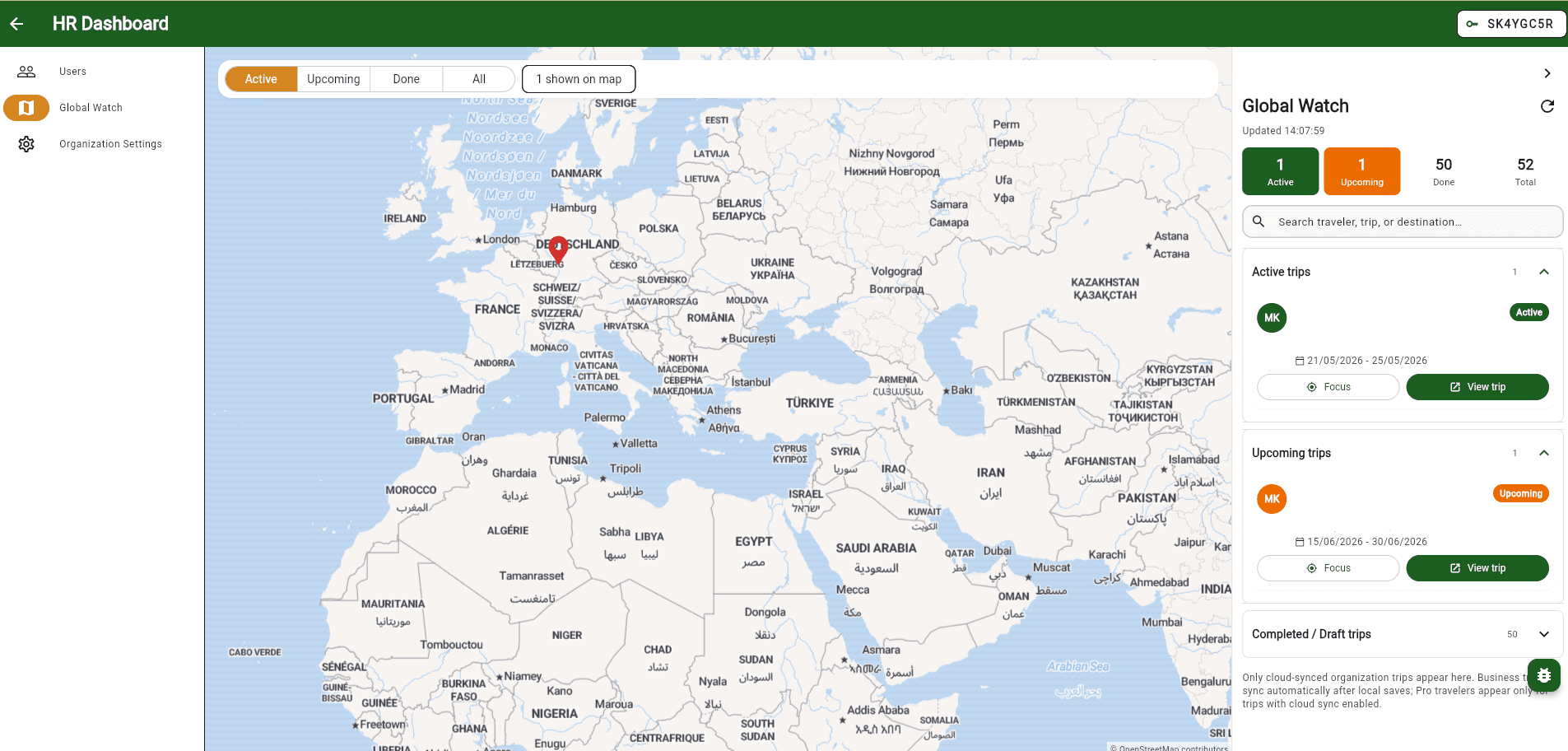 Whizplan HR Dashboard Global Watch view with world map of active trips