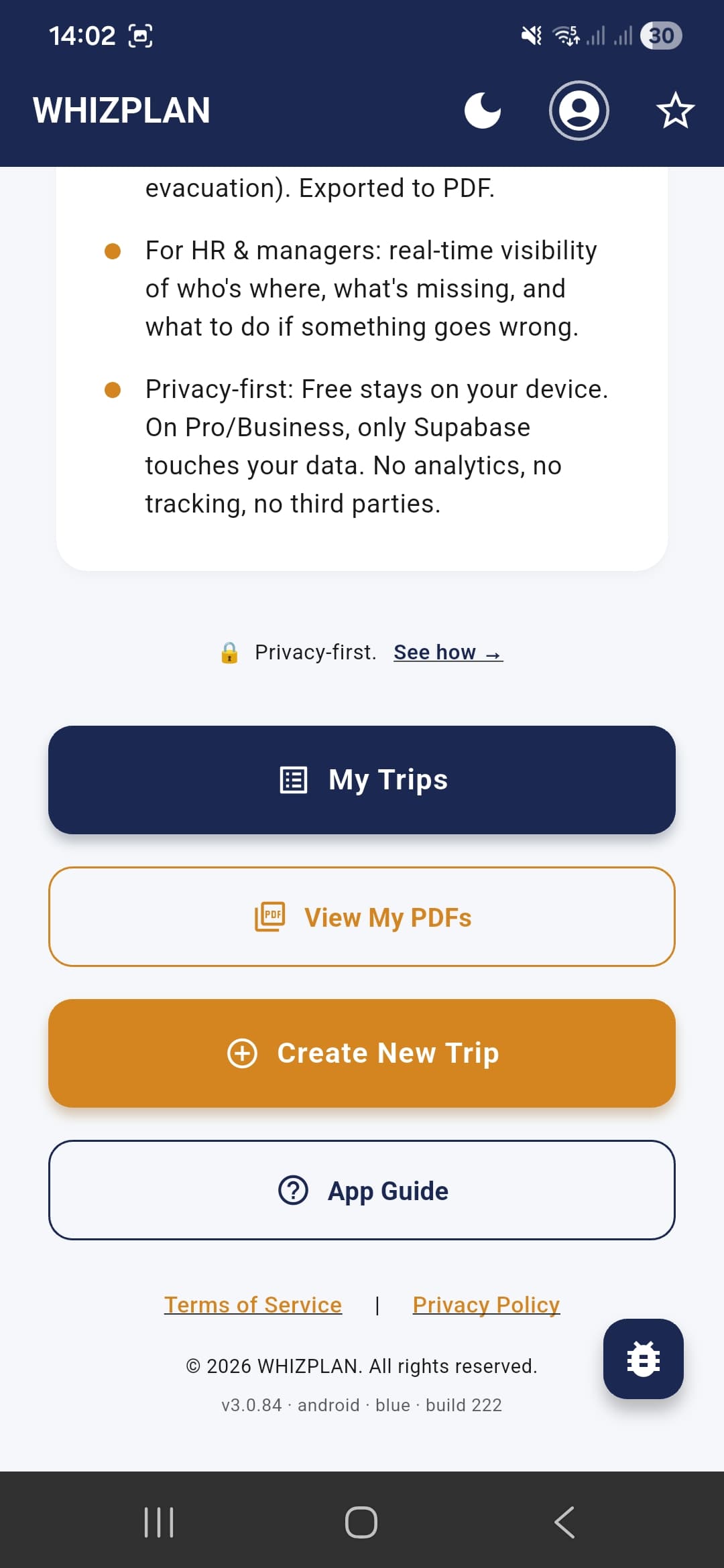 Whizplan home screen showing My Trips, View My PDFs, Create New Trip buttons and privacy-first bullets