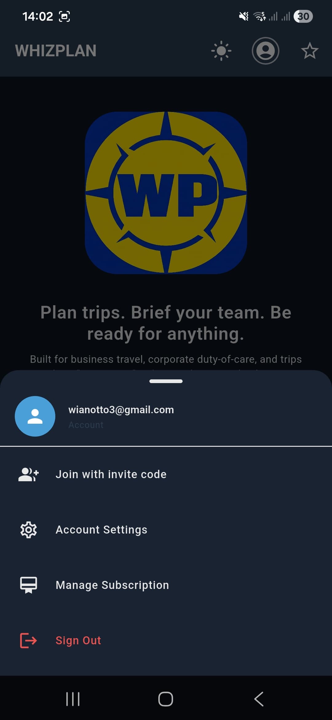 Whizplan account menu showing Join with invite code, Account Settings, Manage Subscription, Sign Out