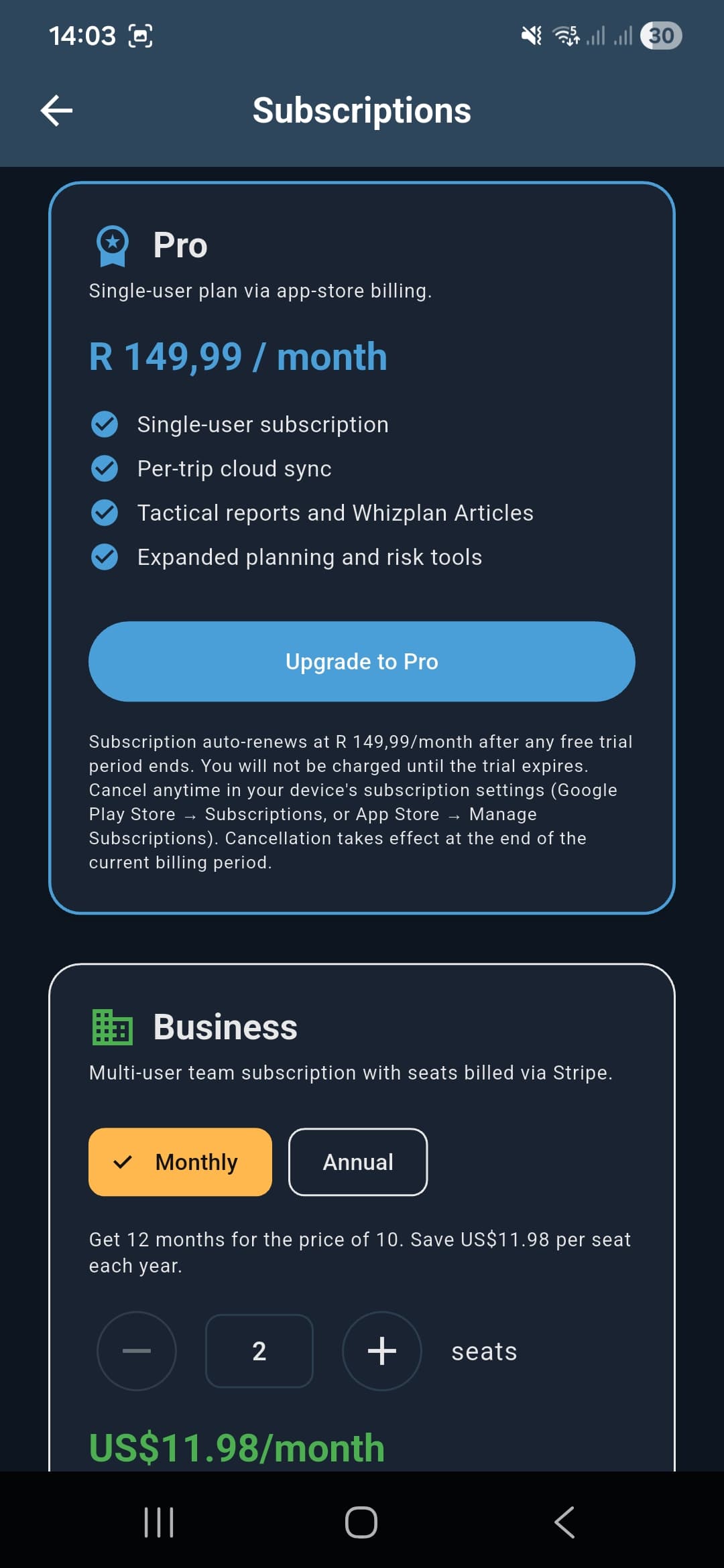 Whizplan Subscriptions screen showing Pro plan at R149.99 per month app-store billing