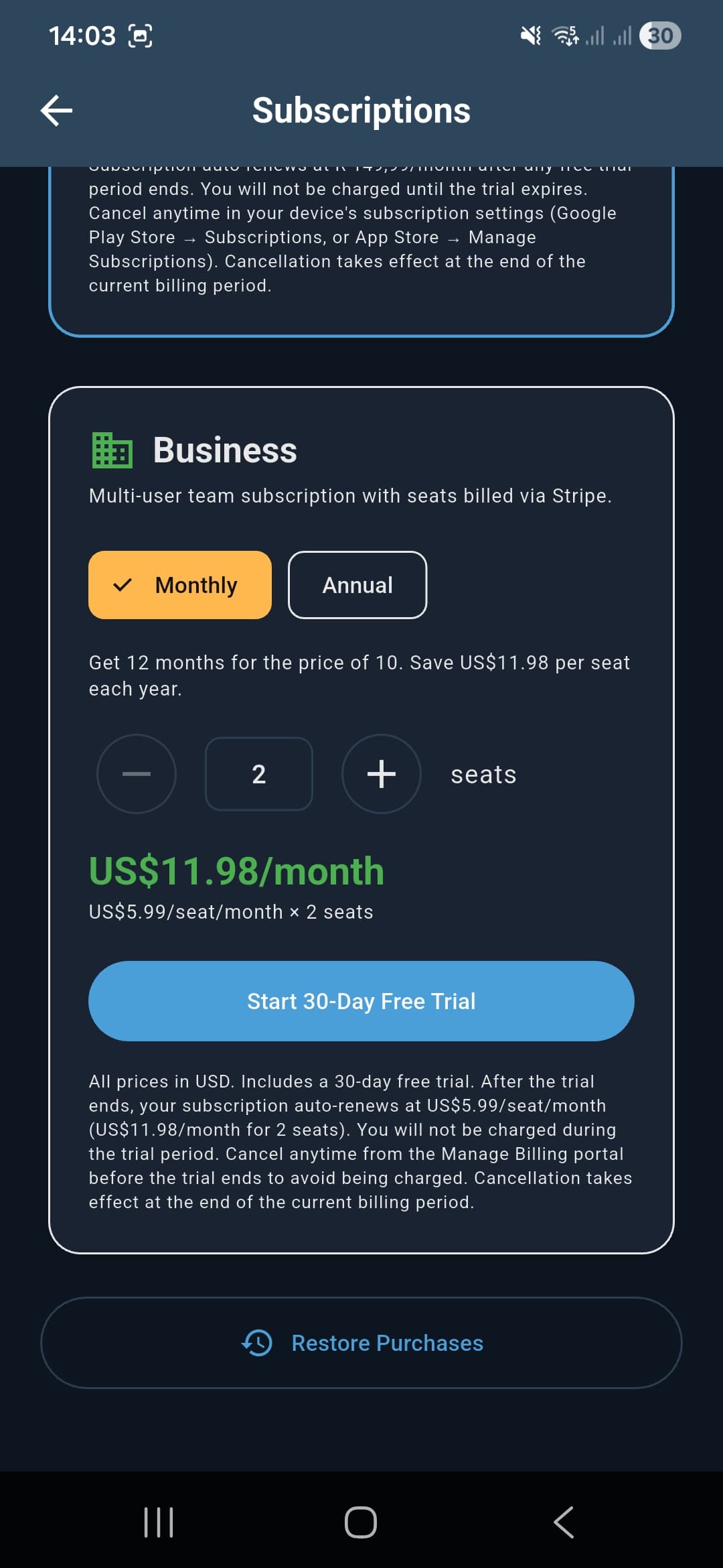 Whizplan Business plan with seat selector at US 5.99 per seat per month and Start 30-Day Free Trial button