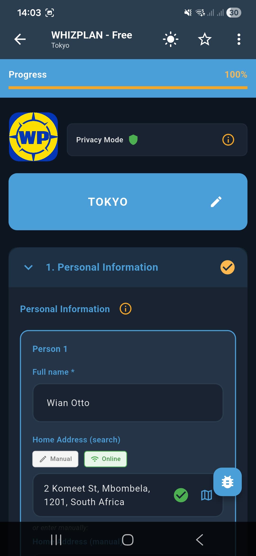 Whizplan trip planning screen with Privacy Mode toggle and Personal Information form
