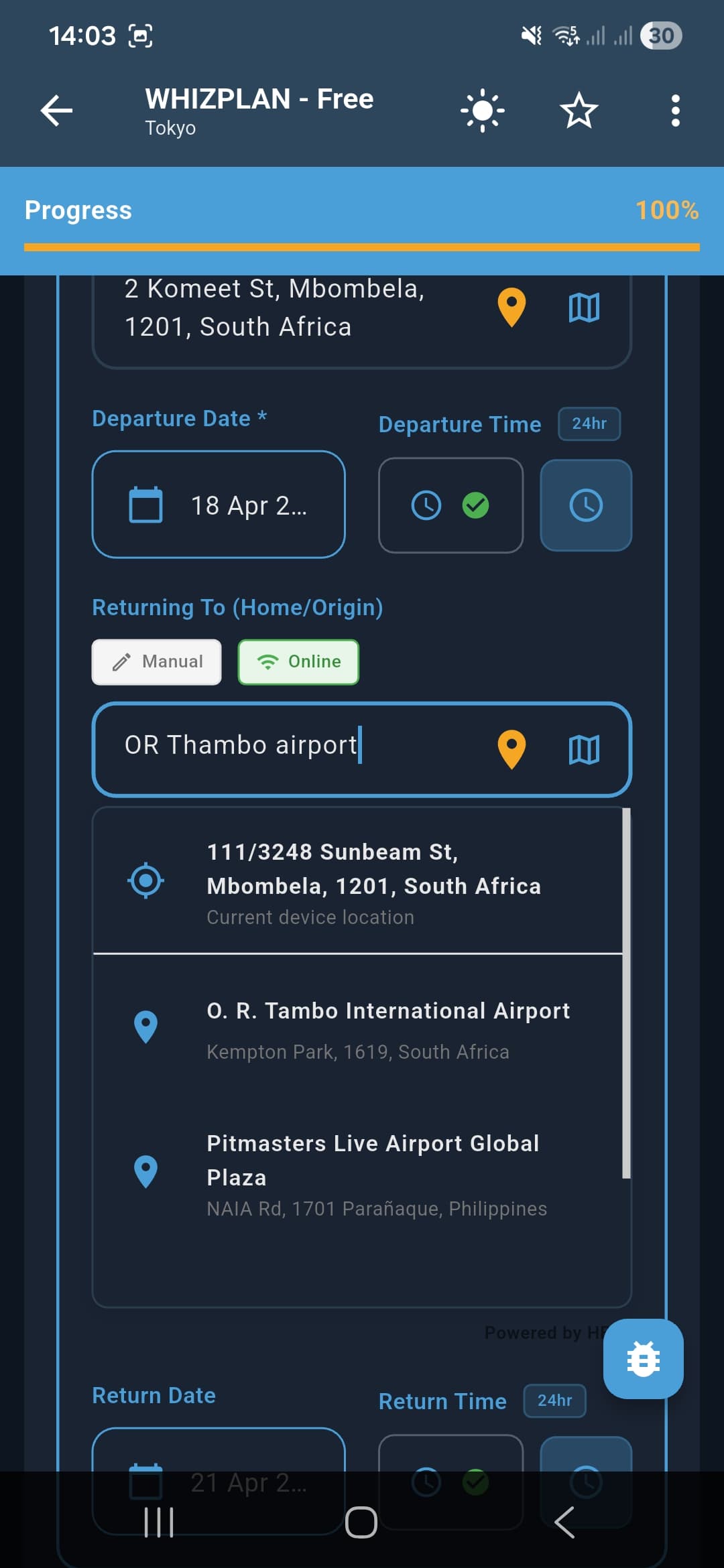 Trip planning destination search showing OR Tambo airport autocomplete suggestions