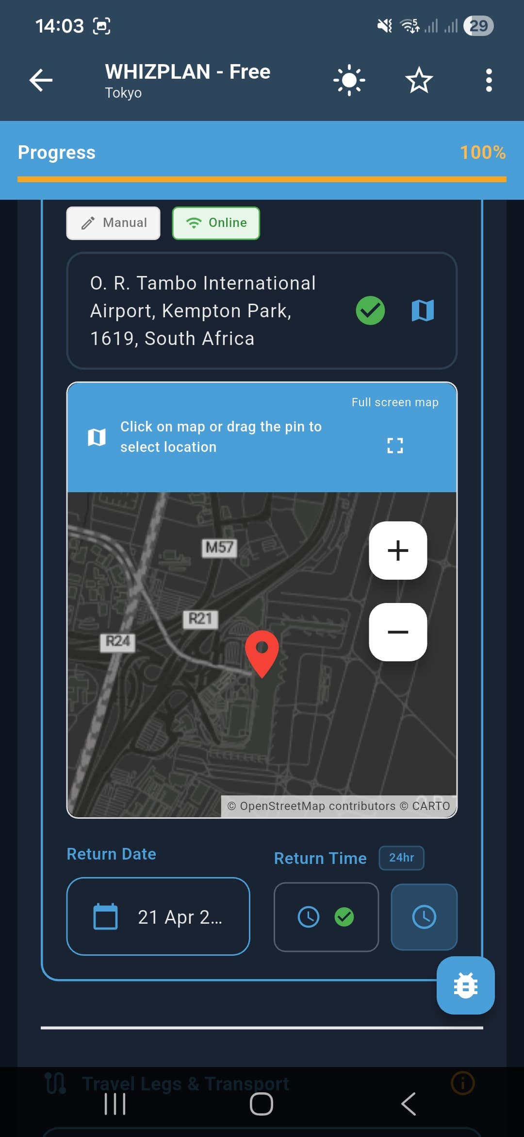 Trip planning map screen with drag-pin location selection