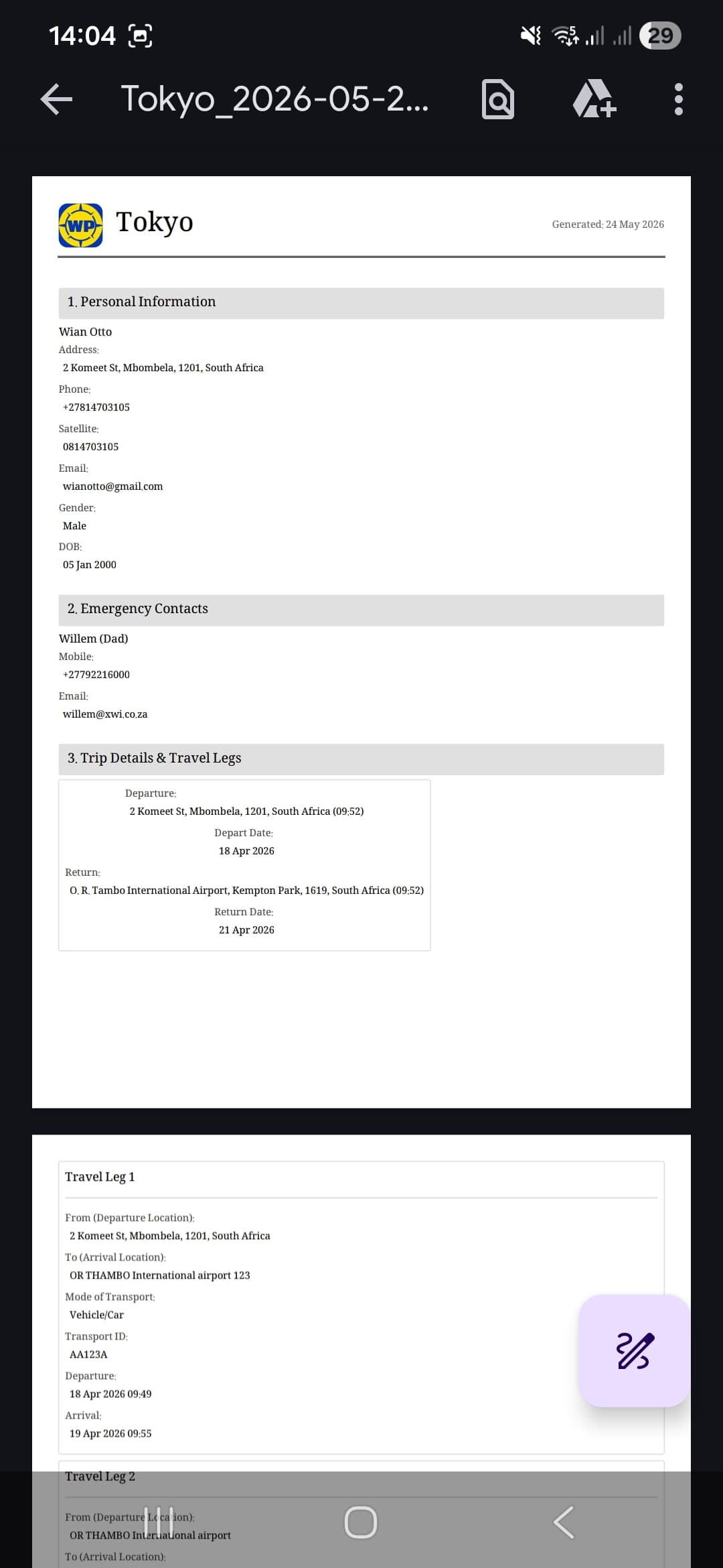 Whizplan exported PDF Tokyo trip brief viewed in Google Drive showing personal info, emergency contacts, and travel leg details
