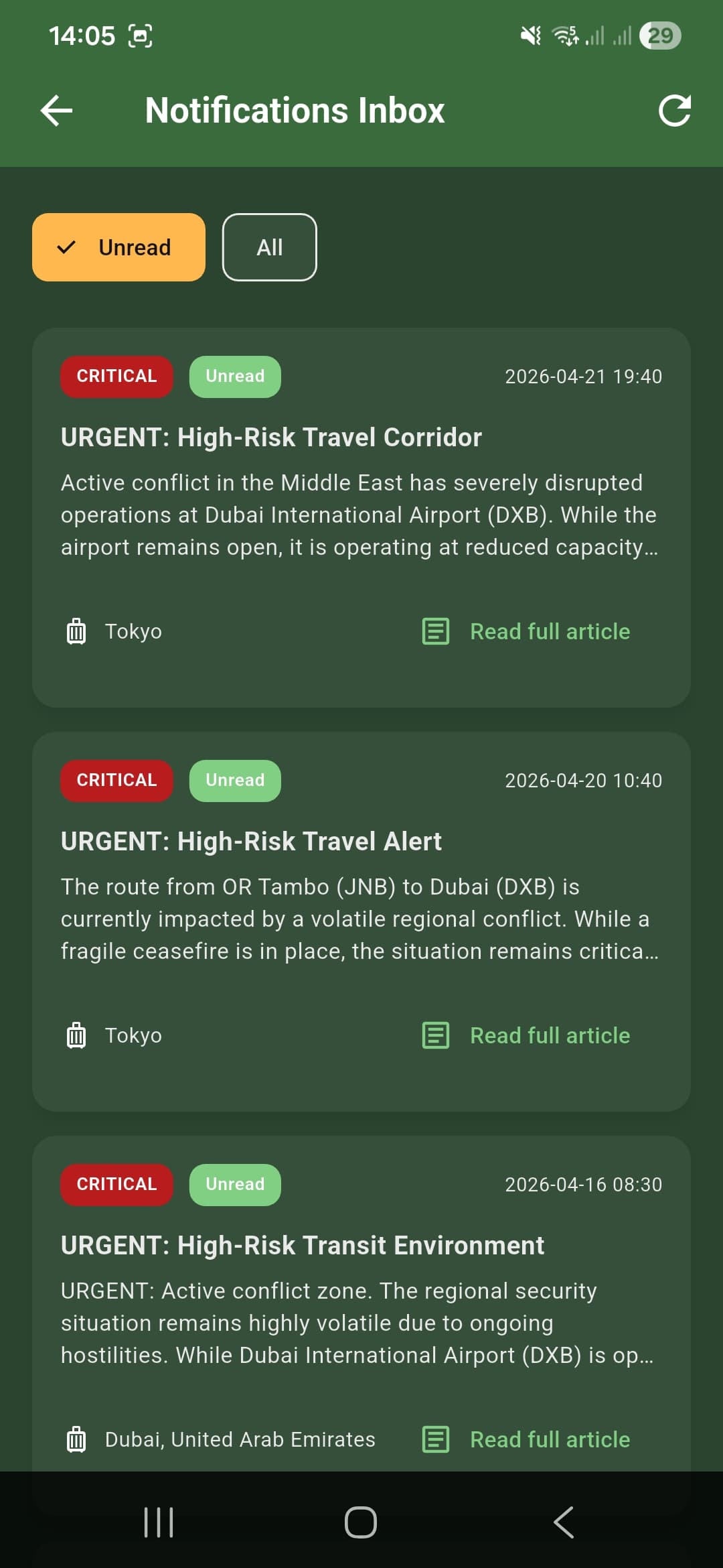 Whizplan Notifications Inbox with three critical urgent travel risk alerts