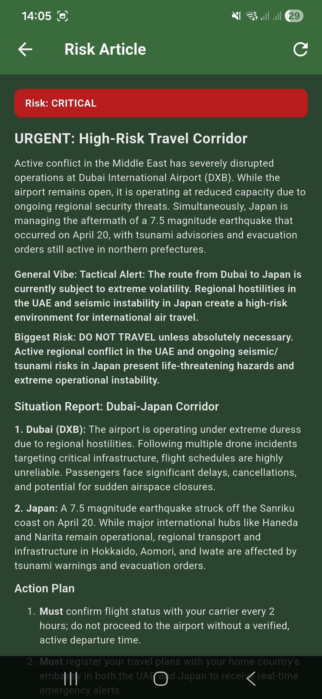 Whizplan Risk Article URGENT High-Risk Travel Corridor with situation report and action plan
