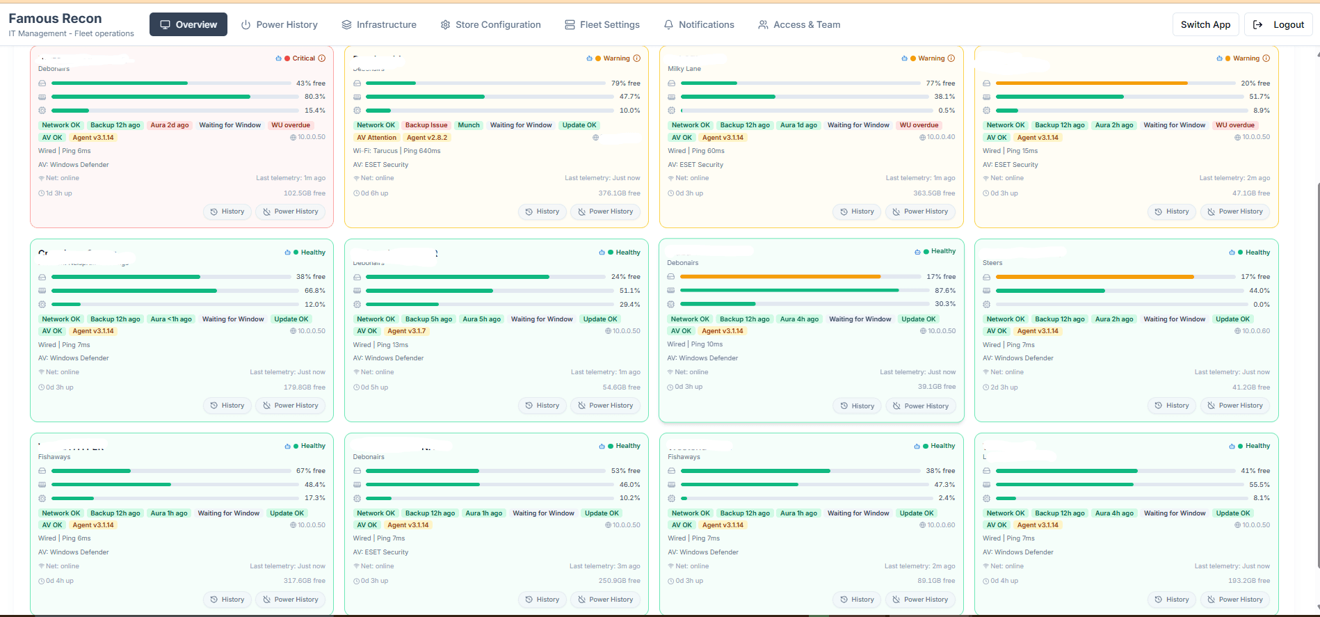 IT Management Overview screen with per-store service status cards