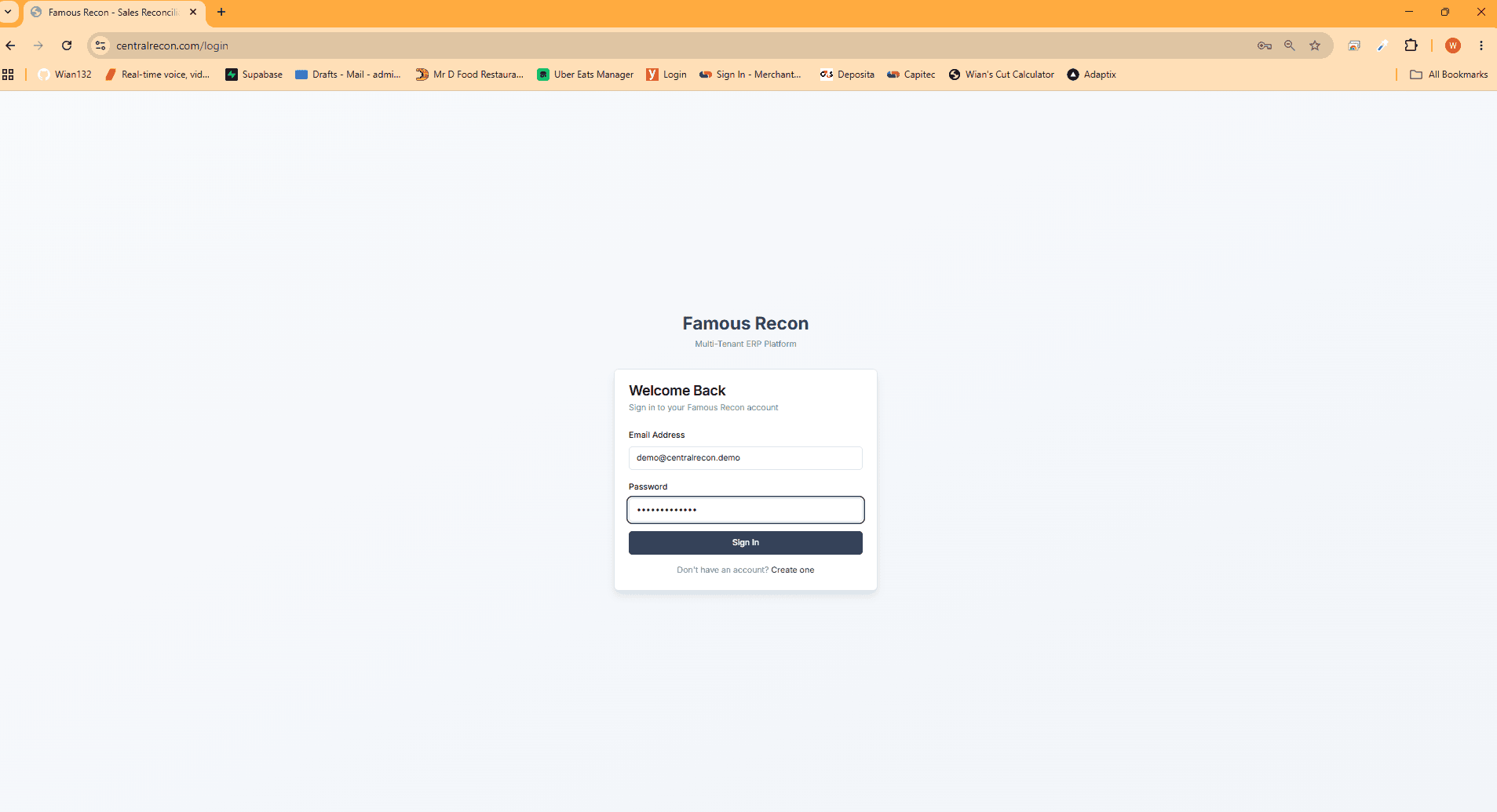 Famous Recon login screen