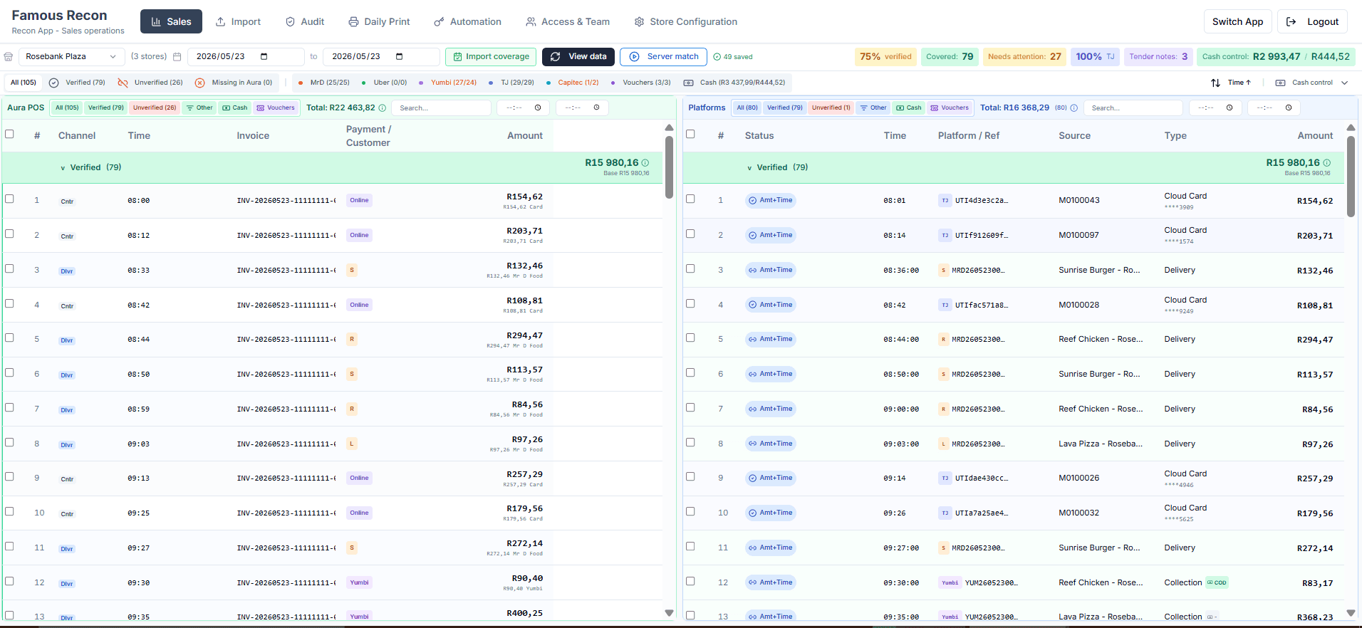 Famous Recon Sales reconciliation screen — Aura POS sales matched against delivery and tender platform feeds