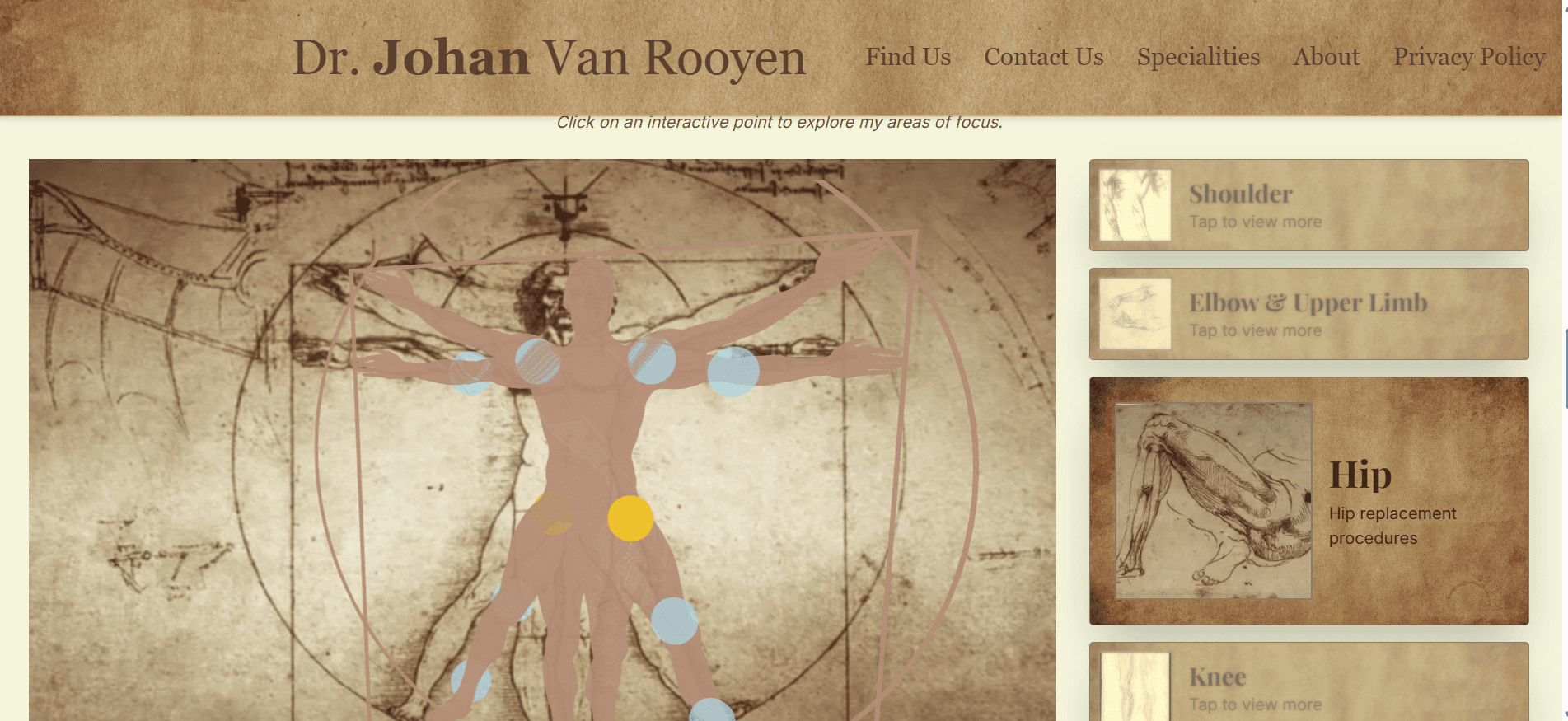 JVR Practice landing page with interactive 3D Vitruvian Man showing clickable anatomical regions