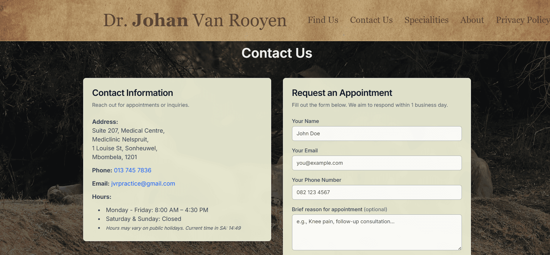 JVR Practice Contact Us page with practice contact details and a Request an Appointment form