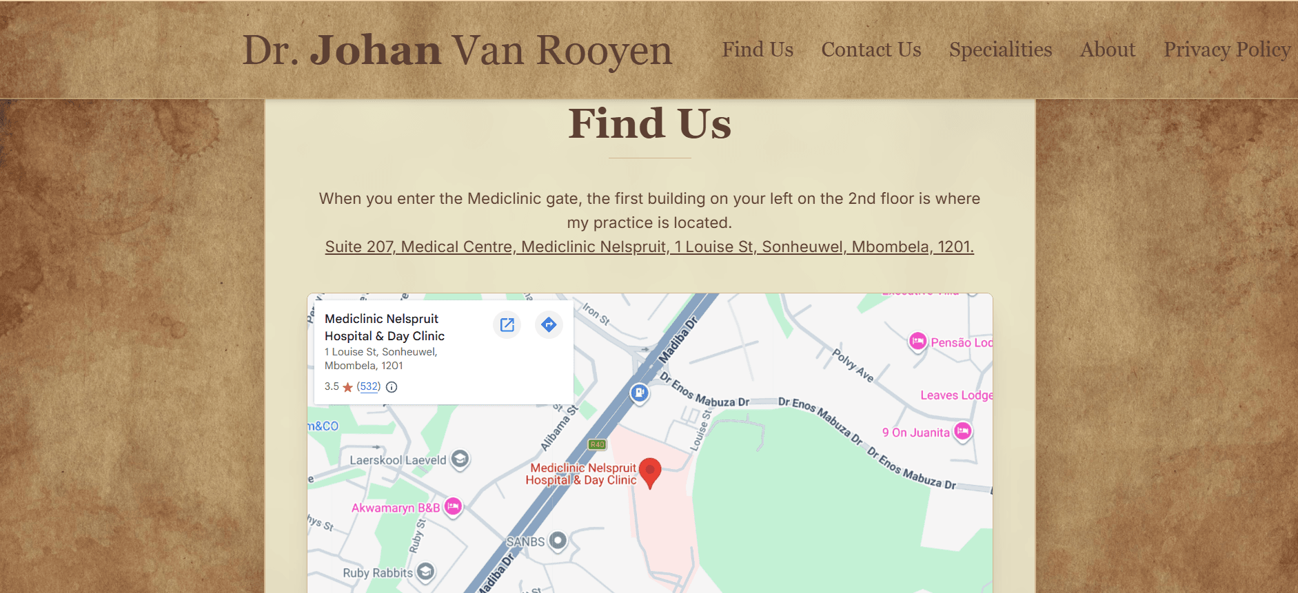 JVR Practice Find Us page showing Mediclinic Nelspruit Hospital location with embedded Google Maps